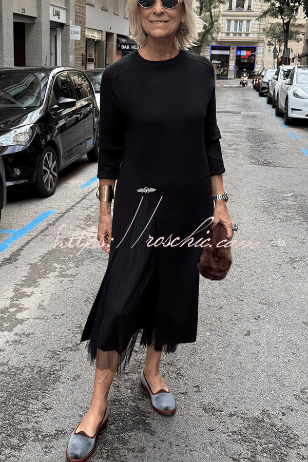 Knit & Tulle Two-Piece Midi Dress Set with Long Sleeve Top