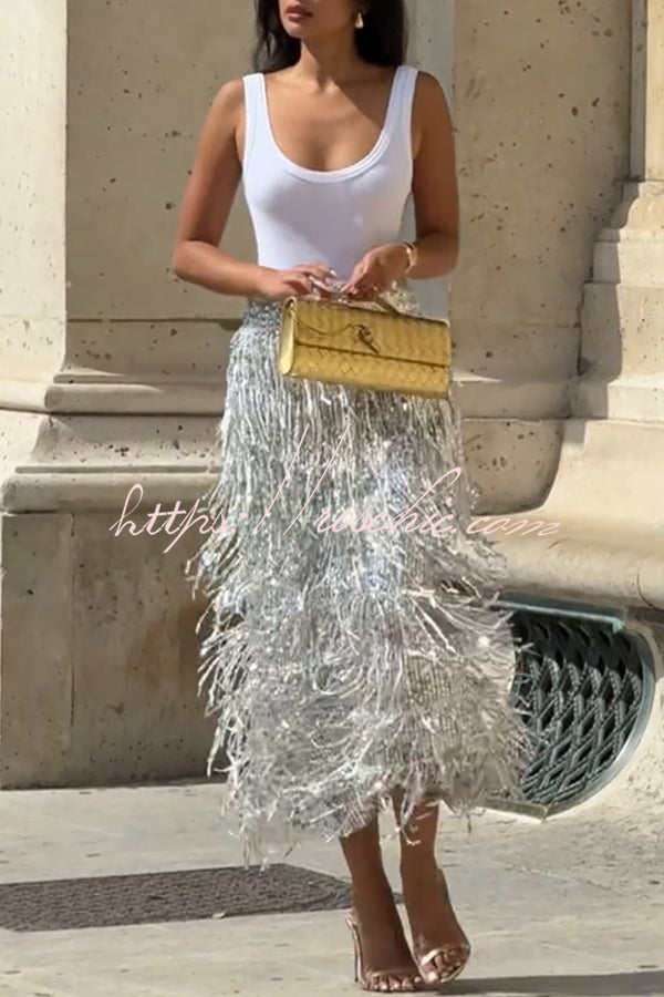 Sequin Midi Skirt with Layered Tassels and Back Slit