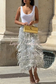 Sequin Midi Skirt with Layered Tassels and Back Slit