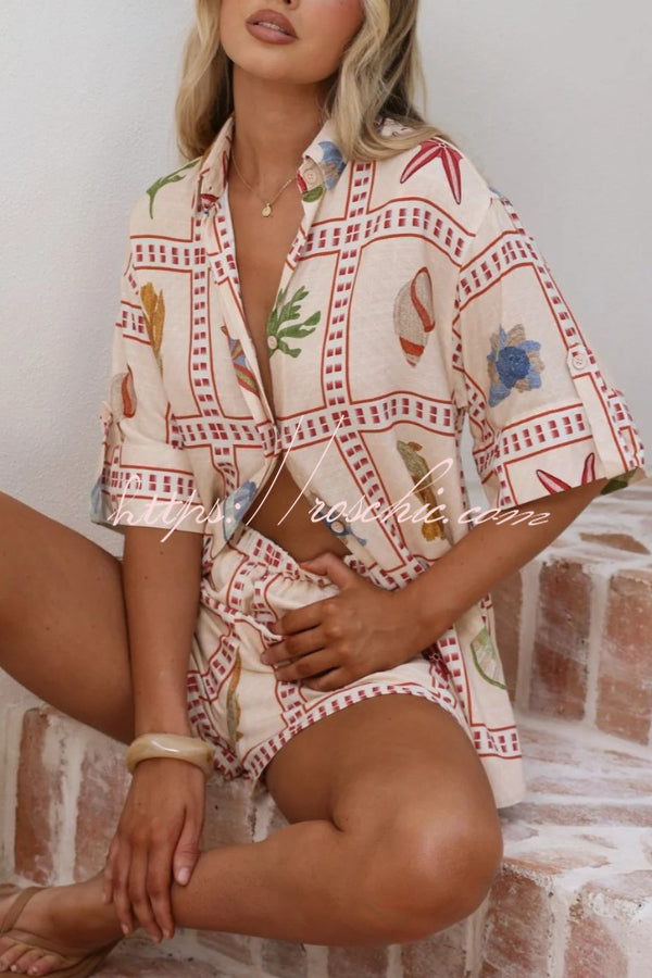 Linen Blend Shell Print Loose Short-Sleeve Shirt & Shorts Set