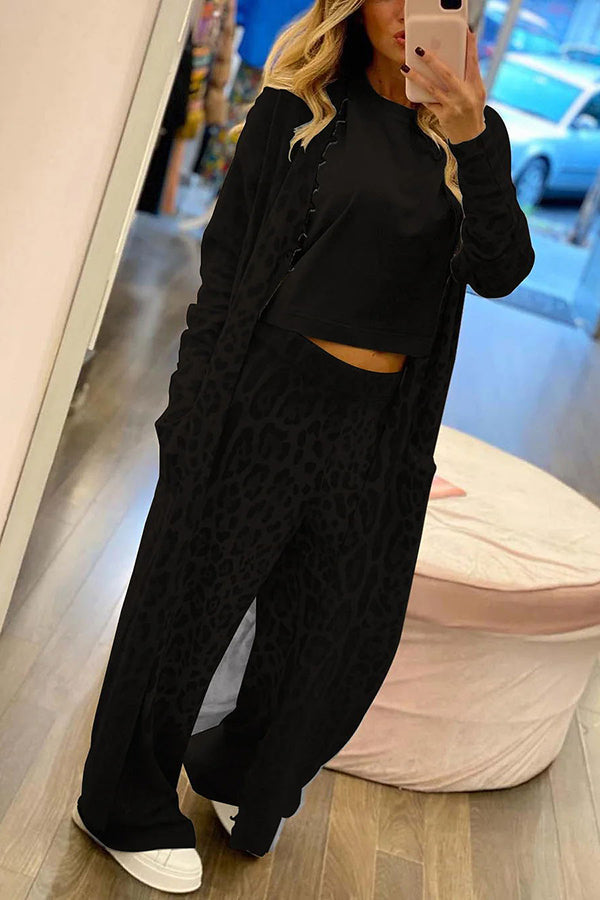 Leopard Print Cardigan & Elastic Waist Pants Lounge Set