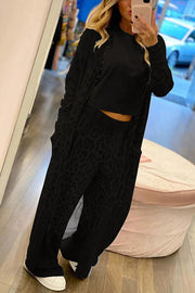 Leopard Print Cardigan & Elastic Waist Pants Lounge Set