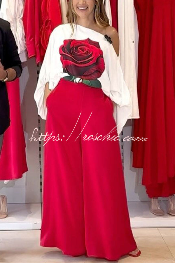 Rose Print Wide Leg Pants Suit with Belted Waist