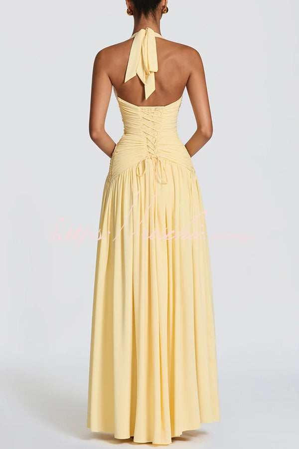 Chiffon Halter Maxi Dress with Lace-Up Back and Side Slit