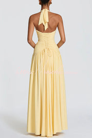Chiffon Halter Maxi Dress with Lace-Up Back and Side Slit