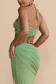 Stretch Mesh Beaded Sweetheart Crop Halter Top