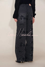 Beaded Sequin Floral Wide Leg Jeans Mid Rise with Pockets