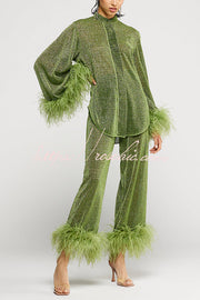 Ensemble de détente deux pièces à bordure en plumes scintillantes – manches longues et pantalon