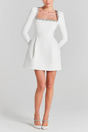 Black Velvet Mini Dress with Jeweled Trim & Long Sleeves