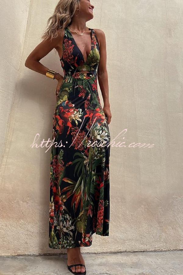 Tropical Print Cutout Back Maxi Dress – Vacation Stretch