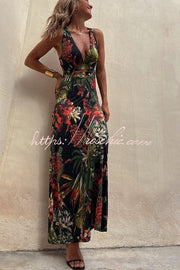 Tropical Print Cutout Back Maxi Dress – Vacation Stretch