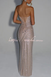 Sequin Pleated Cowl Neck Strapless Maxi Dress
