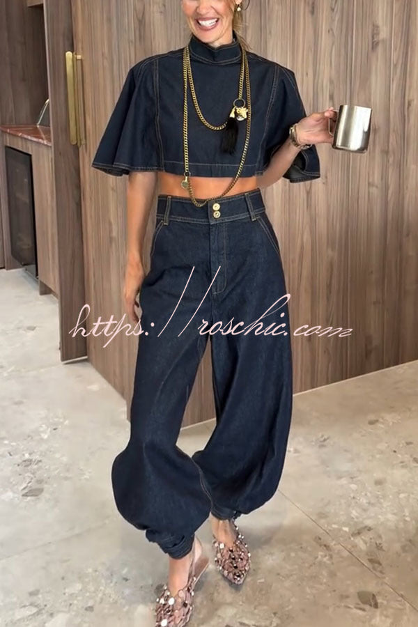 High Rise Denim Harem Pants with Ankle Strap Buckle
