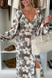 Printed V-Neck Maxi Dress with Waist Tie and Side Slit