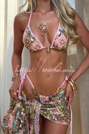 Sequin Halter Bikini Set with Beach Cover-Up Mini Skirt