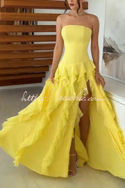 Off-Shoulder Maxi Dress with High Slit and Ruffle Detail