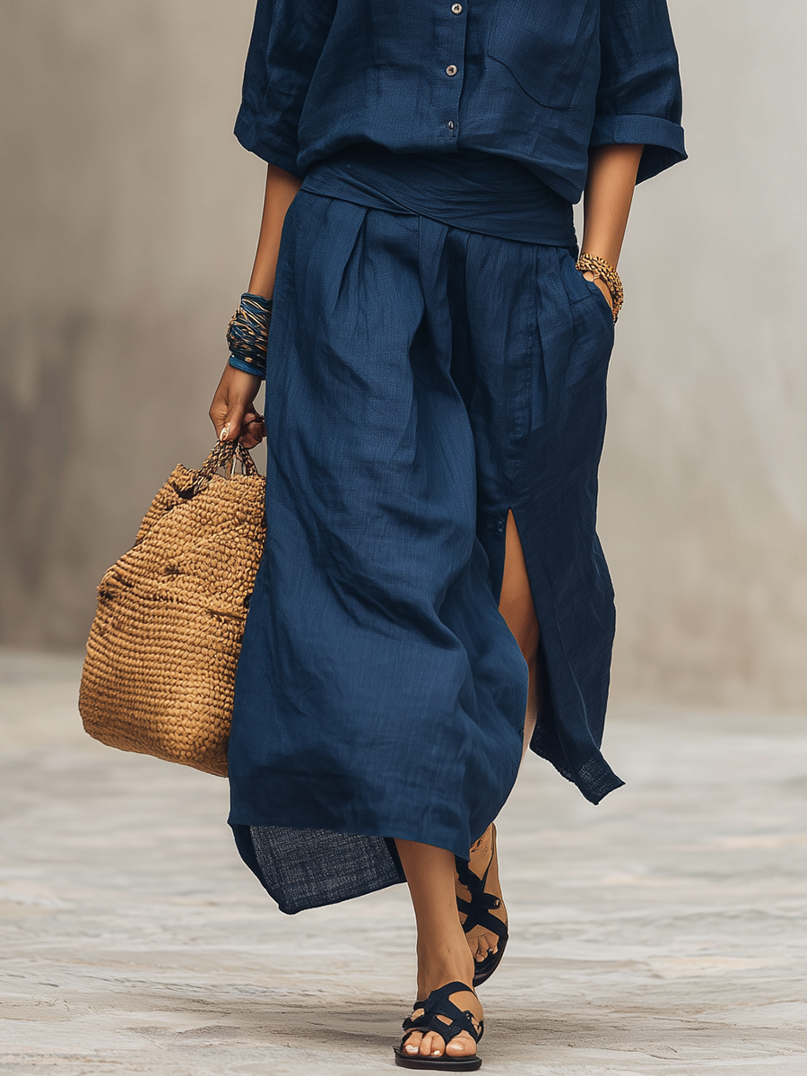 Navy Blue Linen Skirt Top | Bohemian Flowy Set