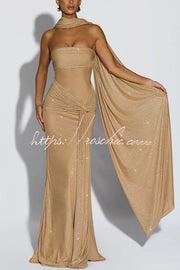Sequined Mesh Off Shoulder Ruched Maxi Dress for Parties