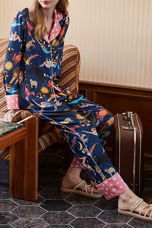 Blue Constellation Print Long Sleeve Two-Piece Lounge Set