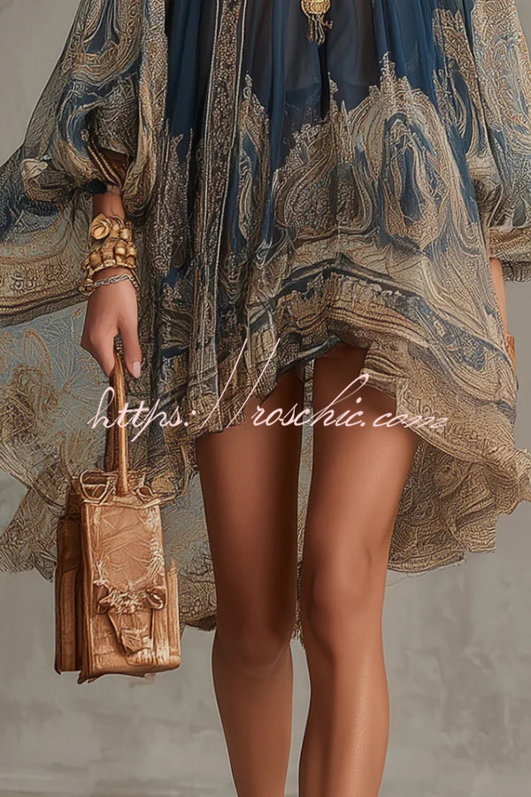 Baroque Print Chiffon Mini Dress with High Neck & Bell Sleeves