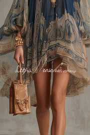 Baroque Print Chiffon Mini Dress with High Neck & Bell Sleeves