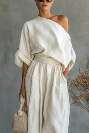 Off-Shoulder Wide-Leg Pants Set with Pockets – Loose Fit