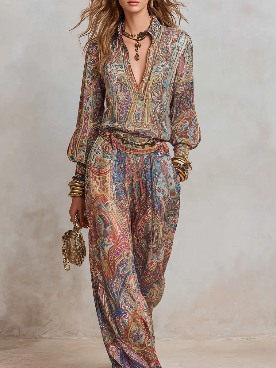 Paisley Print Wide Leg Pantsuit | Women's Pants Set