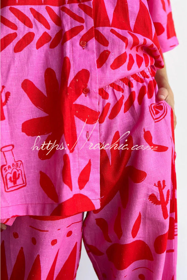 Linen Printed Shirt and Elastic Waist Pants Set
