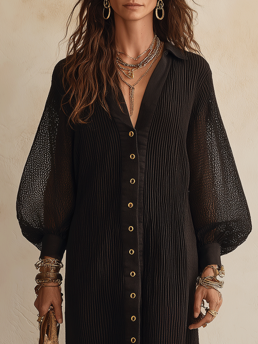 Sheer Black Mesh Button-Front Midi Shirt Dress