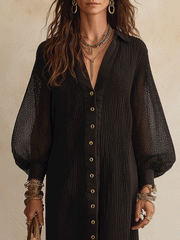Sheer Black Mesh Button-Front Midi Shirt Dress