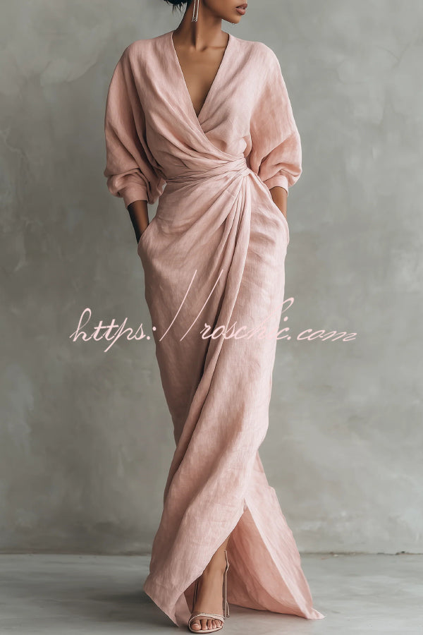 Linen Blend Maxi Dress | Loose V-Neck with Pleated Waist