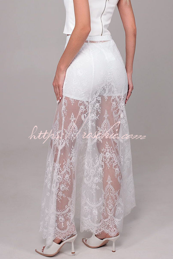 Jupe longue évasée en dentelle pour femme, taille haute, taille élastique