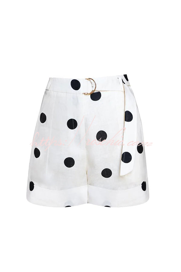 Linen Blend Polka Dot Halter Vest & Shorts Set with Belt