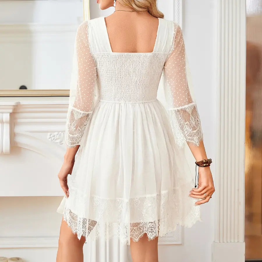 Florboom Women's Boho Sheer Lace Mini Dress – Deep V-Neck with Bow Tie & Ruffle Sleeves , Polka Dot Vintage Western Style Party Dress for Festivals & Date Nights Womenswear,Summervibes