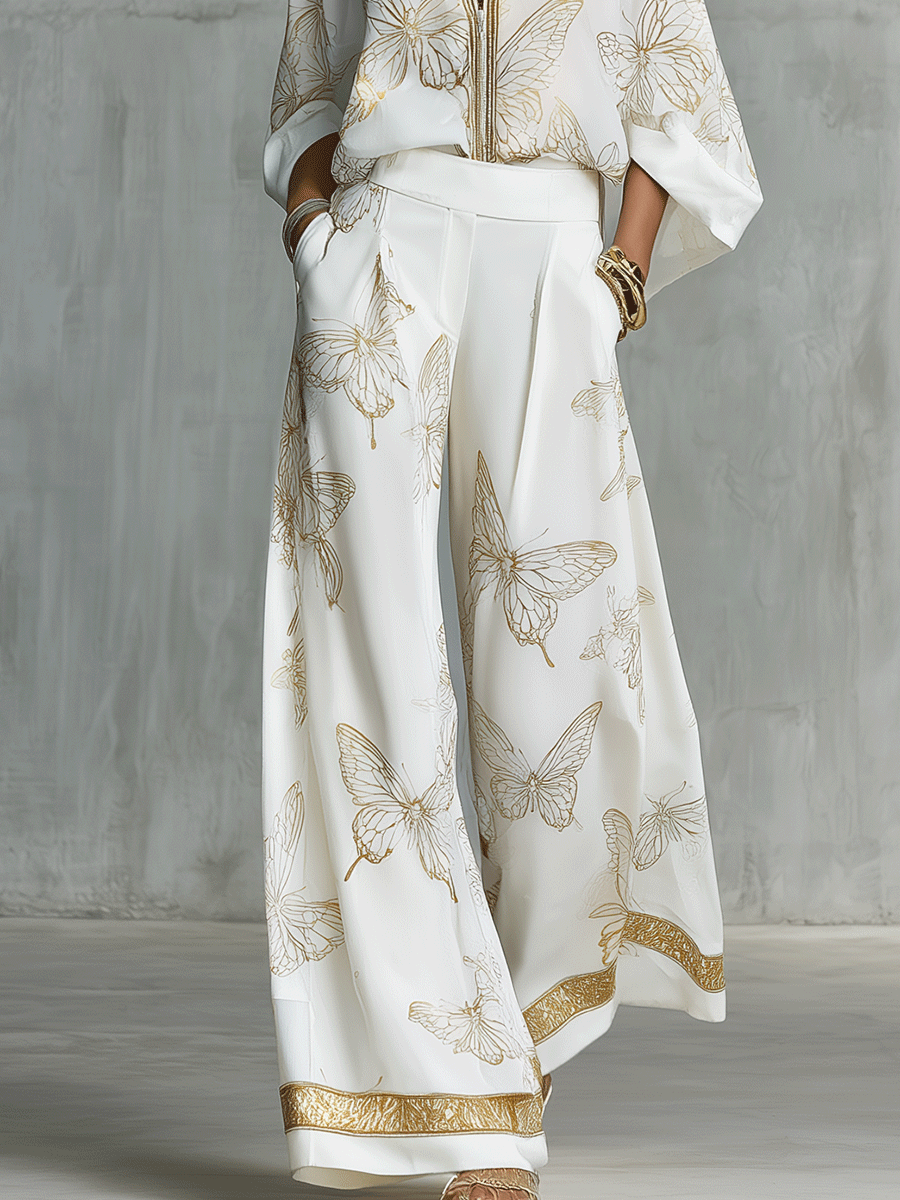 Butterfly Jacquard Blouse & Wide-Leg Pants Set | Boho Luxe