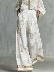 Butterfly Jacquard Blouse & Wide-Leg Pants Set | Boho Luxe