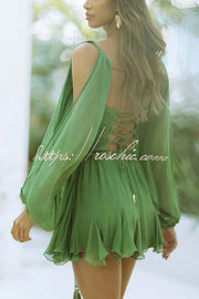 Chiffon Balloon Sleeve Mini Dress with V Neck & Back Lace-Up