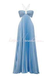 Satin Pleated Maxi Dress with Cross Halter Cutout
