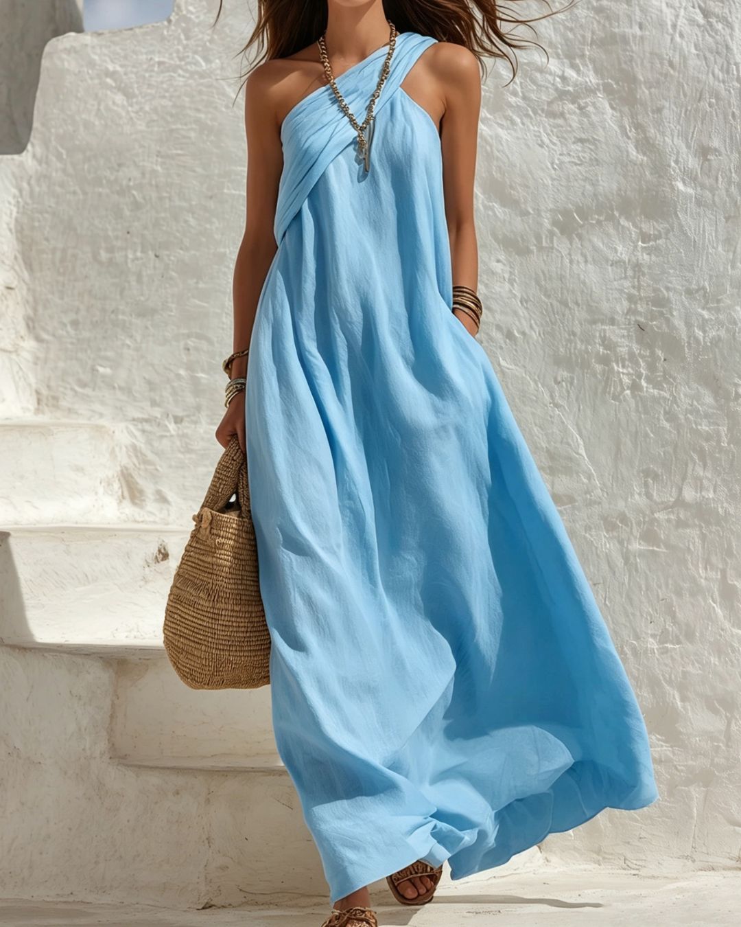 One-Shoulder Twist Ruched Loose Dress