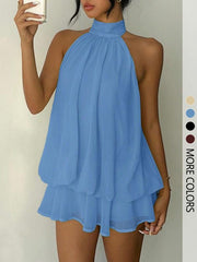 Women's Simple Solid Backless Halter One-Piece Jumpsuit, Elegant Ruffle Design, Perfect for Casual Wear, All Seasons Fashion, Outfit