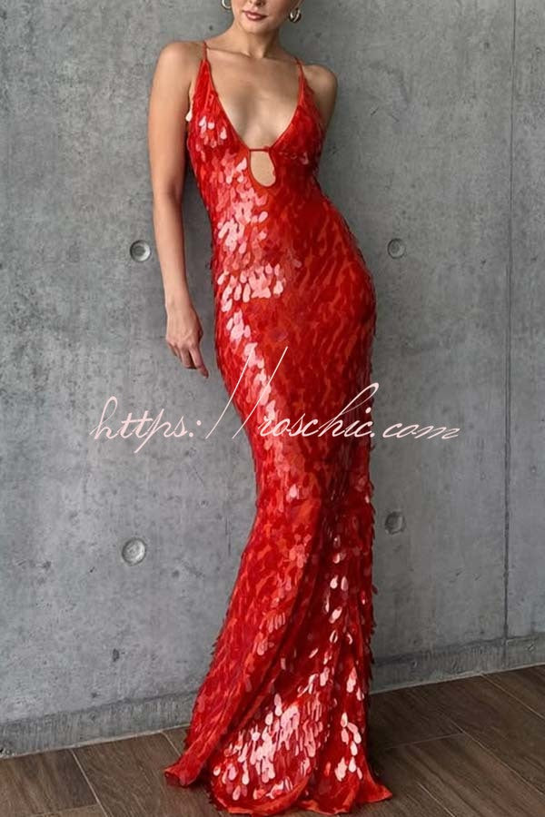 Fish Scale Sequin Cutout U-Neck Slip Maxi Dress
