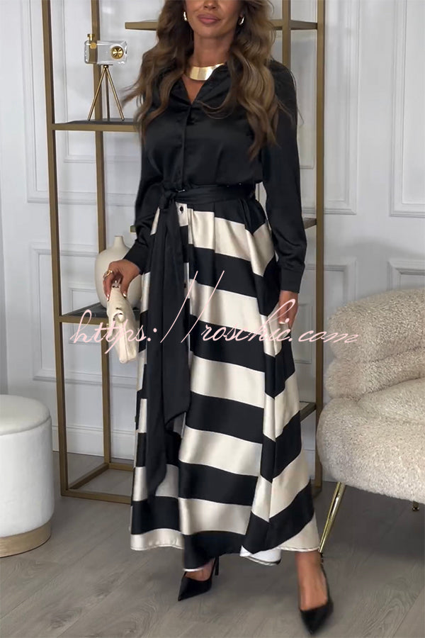 Satin Colorblock Long Sleeve Belted Maxi Shirt Dress