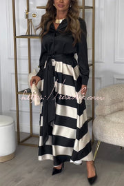 Satin Colorblock Long Sleeve Belted Maxi Shirt Dress