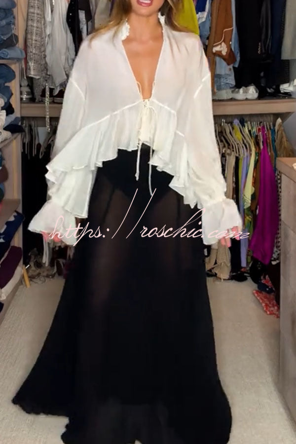 Chiffon Balloon Sleeve Tie-Up V-Neck Blouse | Boho Loose Fit