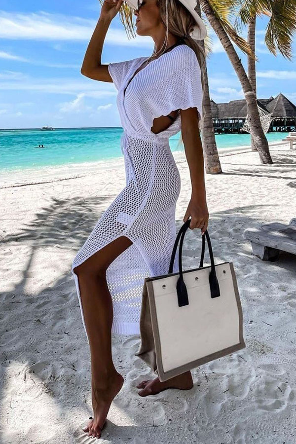 Knit Beach Cover Up Dress | Batwing Sleeve Calf Length