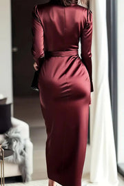 Satin V-Neck Long Sleeve Midi Dress with Waist Tie
