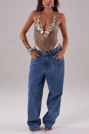 Sequin Embellished Halter Body Chain Vest