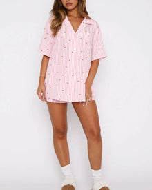 Duniii Heart Print Striped Short Sleeve Pajama Set