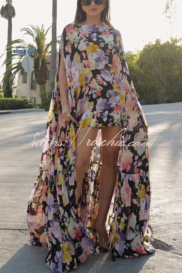 Floral Print High Low Cape Maxi Dress for Party & Vacation