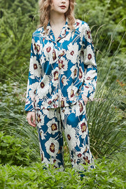 Blue & White Floral Print Long Sleeve Two-Piece Set